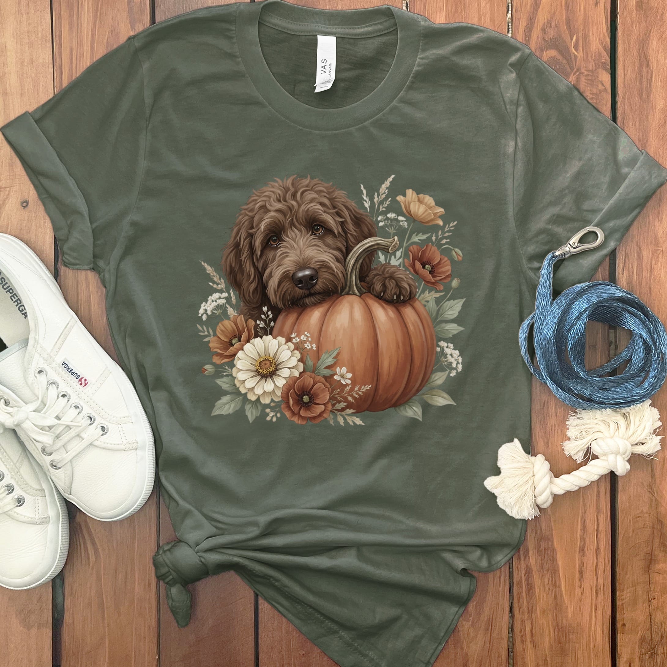 Chocolate Goldendoodle Pumpkin Hug T-Shirt in S / Military Green by Puppy Jo