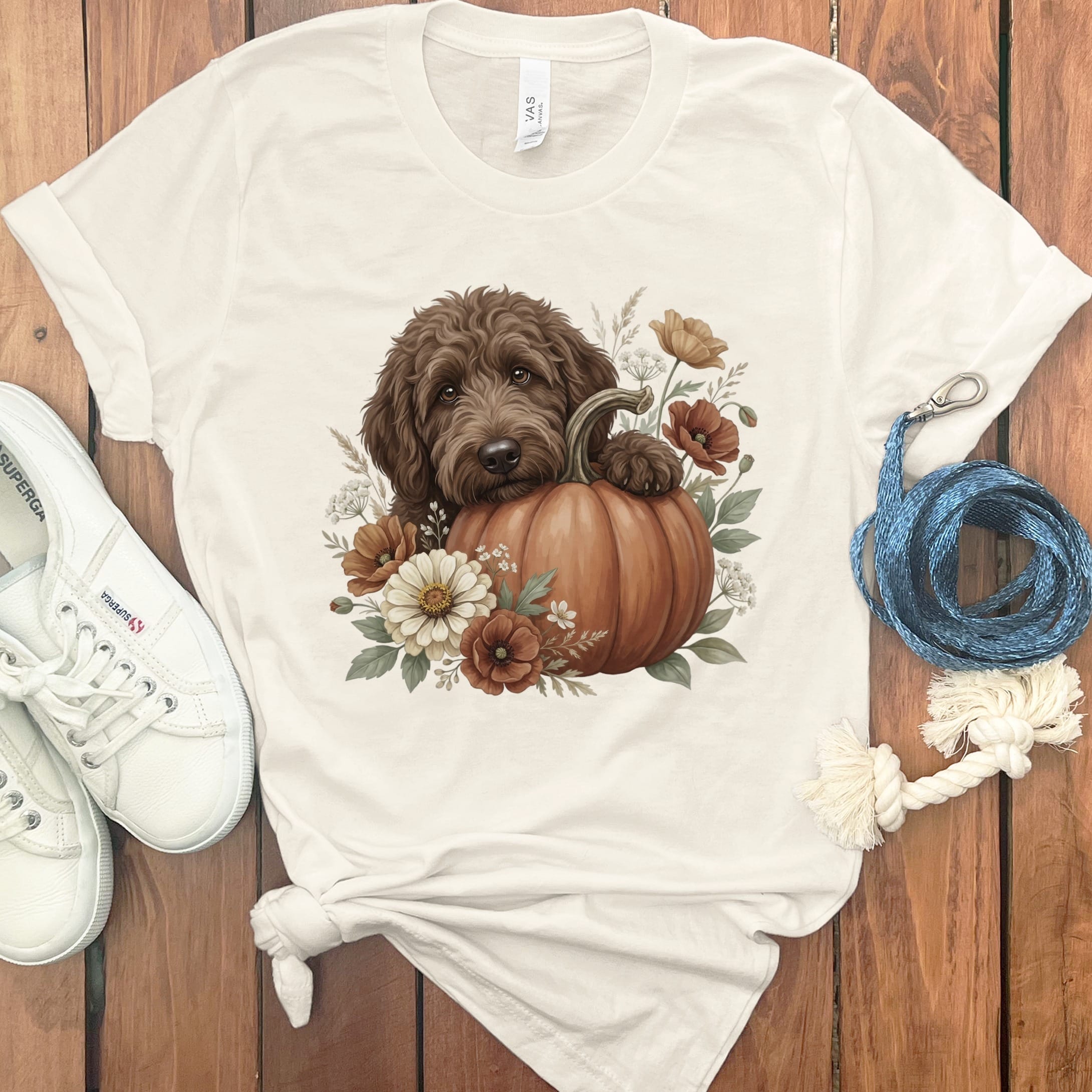 Chocolate Goldendoodle Pumpkin Hug T-Shirt in S / Natural by Puppy Jo