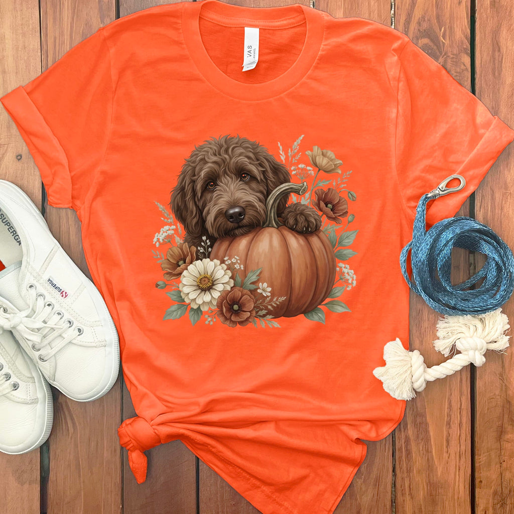 Chocolate Goldendoodle Pumpkin Hug T-Shirt in S / Orange by Puppy Jo
