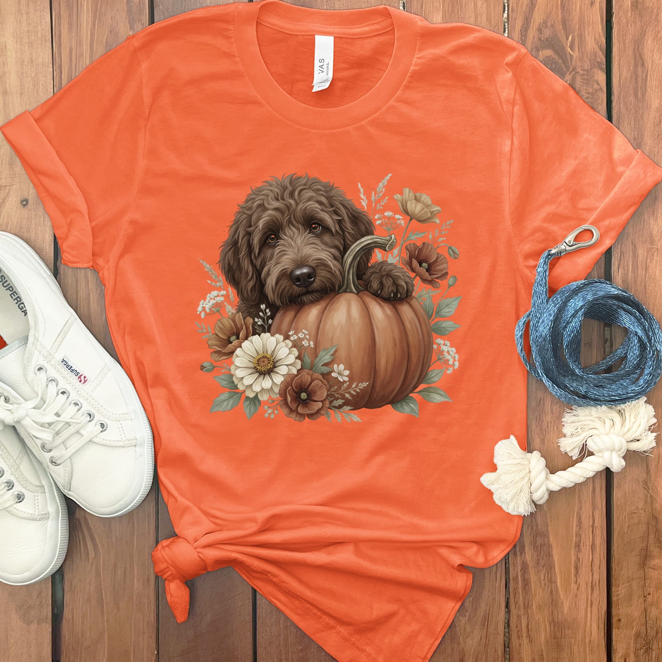 Chocolate Goldendoodle Pumpkin Hug T-Shirt in S / Orange by Puppy Jo