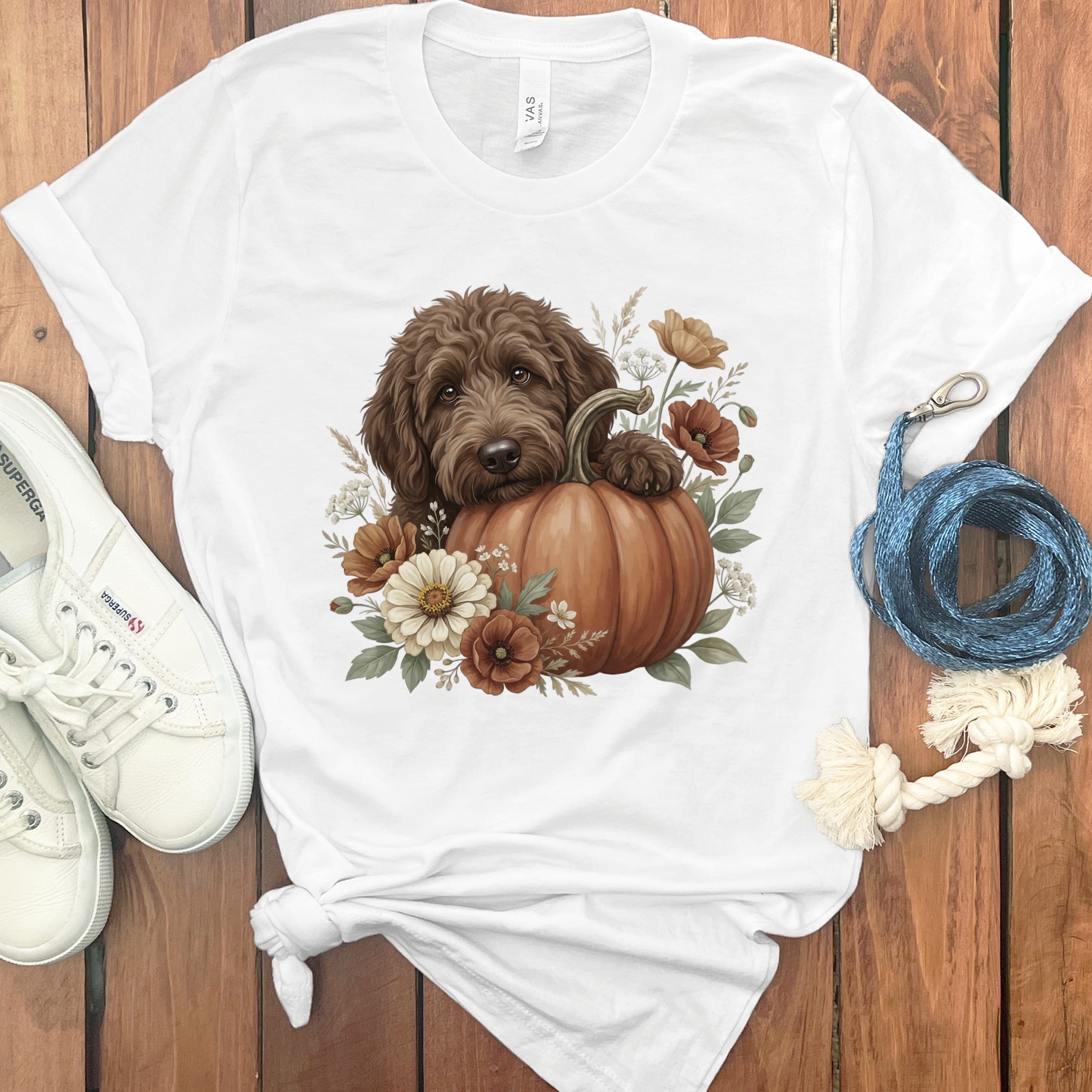 Chocolate Goldendoodle Pumpkin Hug T-Shirt in S / White by Puppy Jo