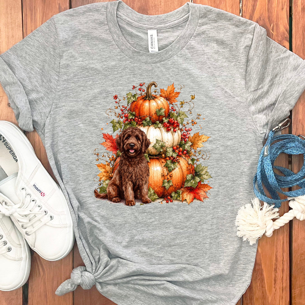 Chocolate Goldendoodle Pumpkin Ivy T-Shirt in Athletic Heather / S by Puppy Jo