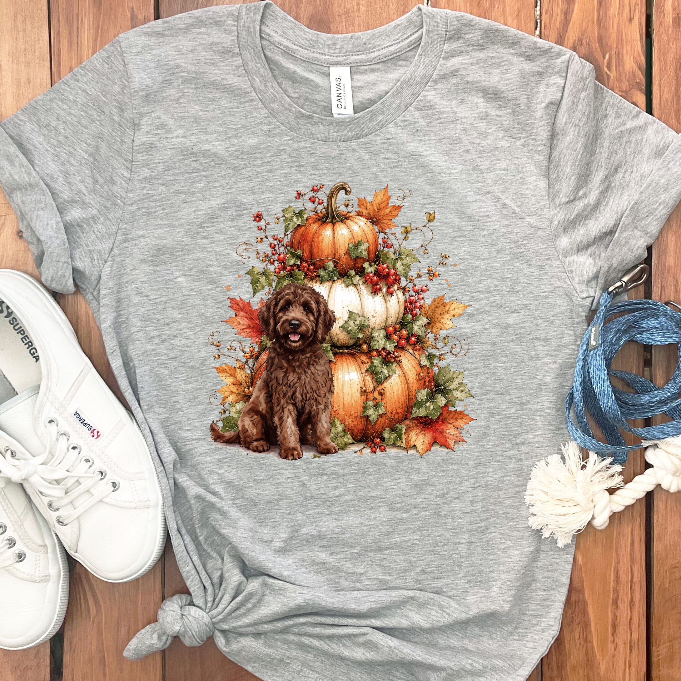 Chocolate Goldendoodle Pumpkin Ivy T-Shirt in Athletic Heather / S by Puppy Jo