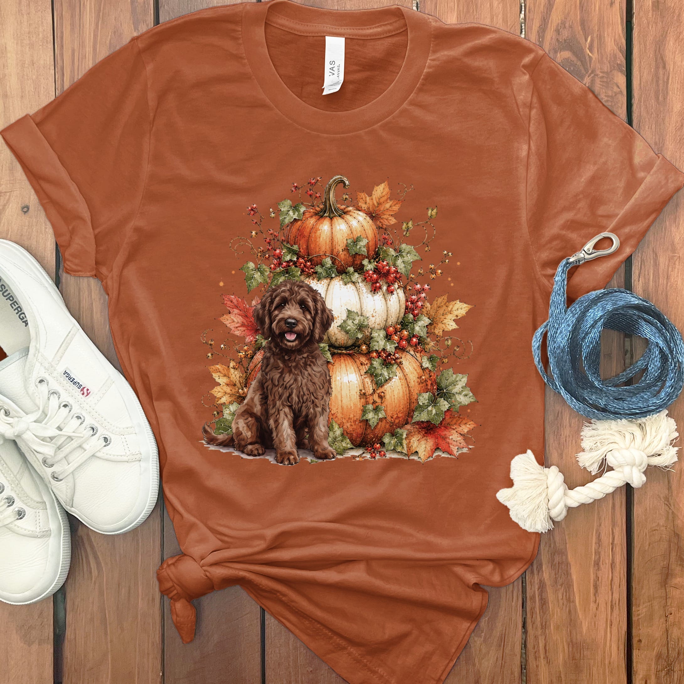 Chocolate Goldendoodle Pumpkin Ivy T-Shirt in Autumn / S by Puppy Jo