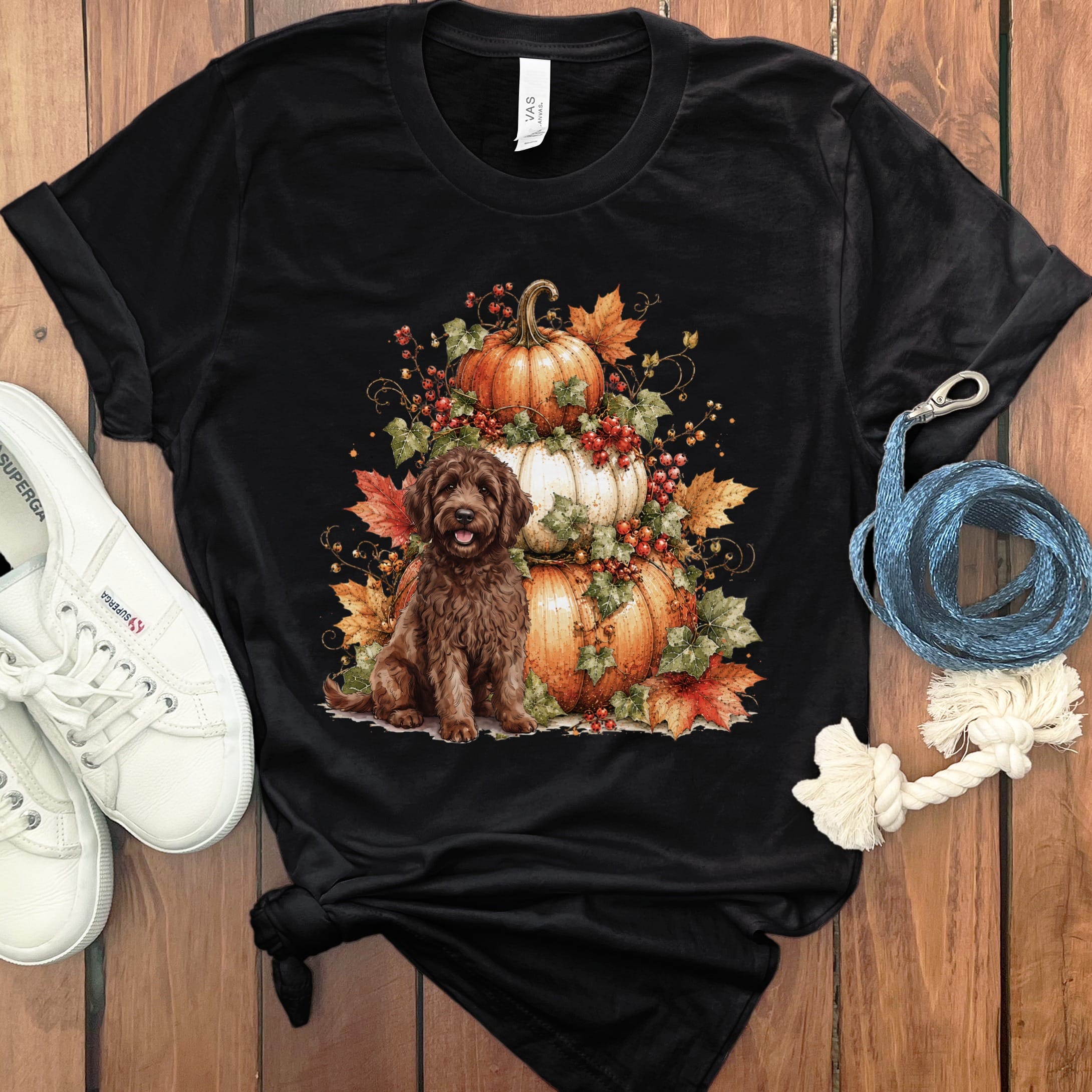 Chocolate Goldendoodle Pumpkin Ivy T-Shirt in Black / S by Puppy Jo