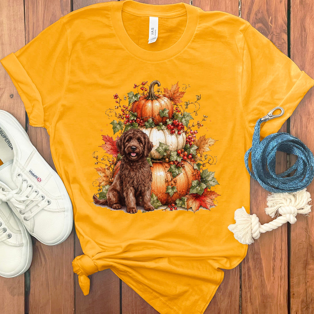 Chocolate Goldendoodle Pumpkin Ivy T-Shirt in Gold / S by Puppy Jo