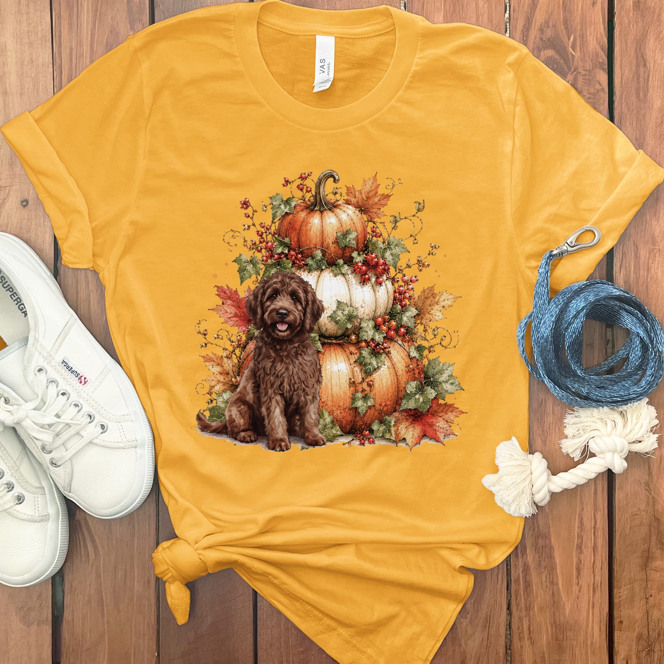 Chocolate Goldendoodle Pumpkin Ivy T-Shirt in Gold / S by Puppy Jo