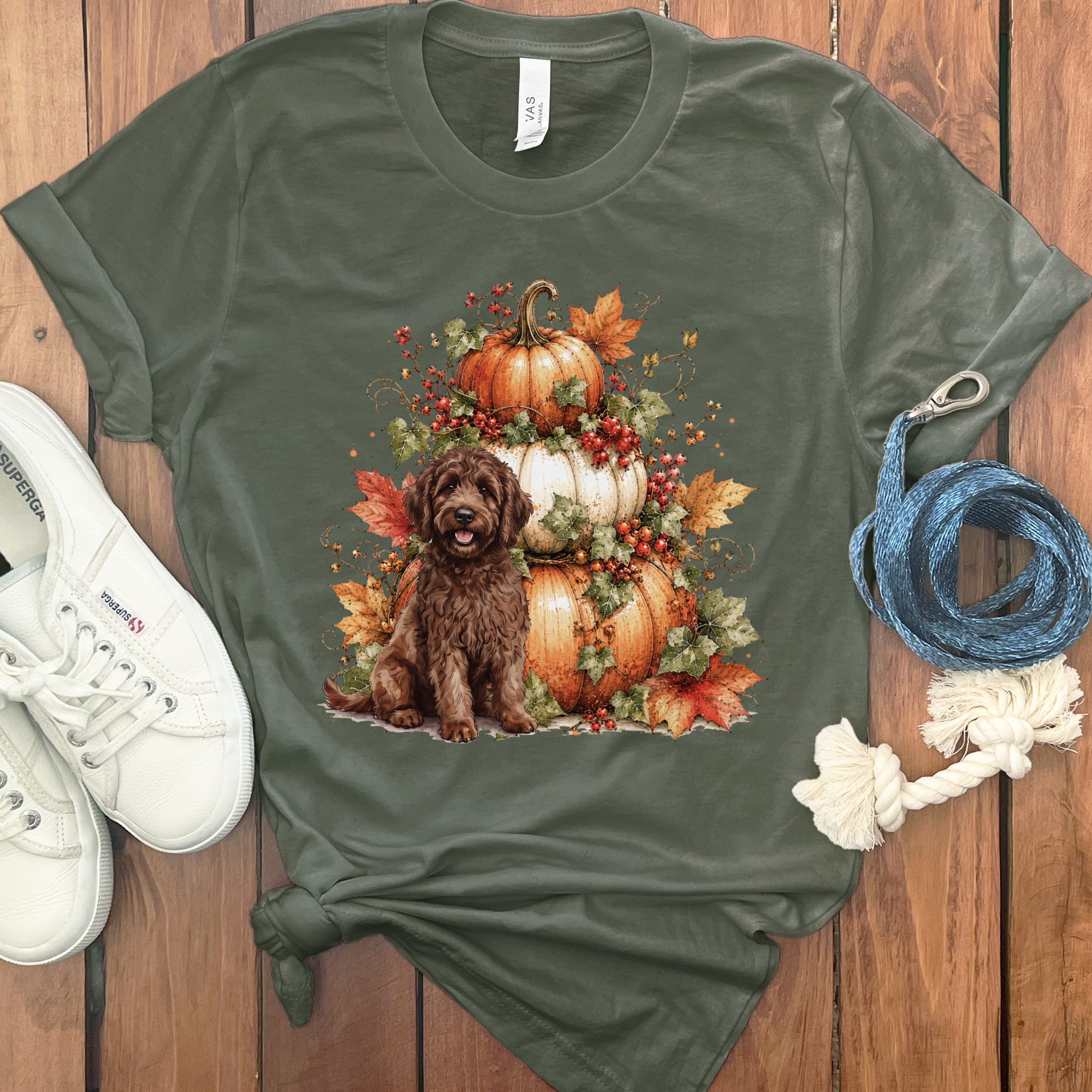 Chocolate Goldendoodle Pumpkin Ivy T-Shirt in Military Green / S by Puppy Jo