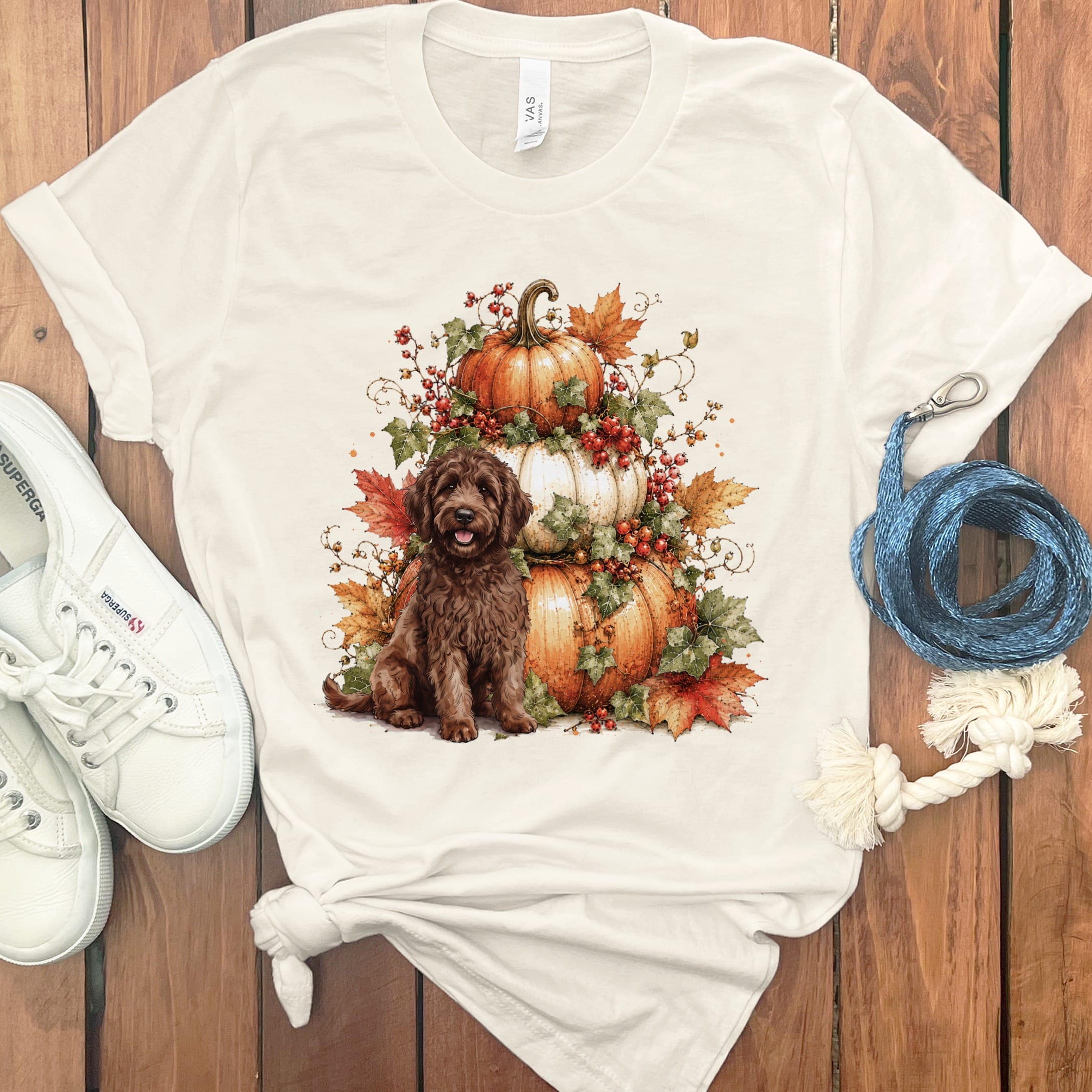 Chocolate Goldendoodle Pumpkin Ivy T-Shirt in Natural / S by Puppy Jo