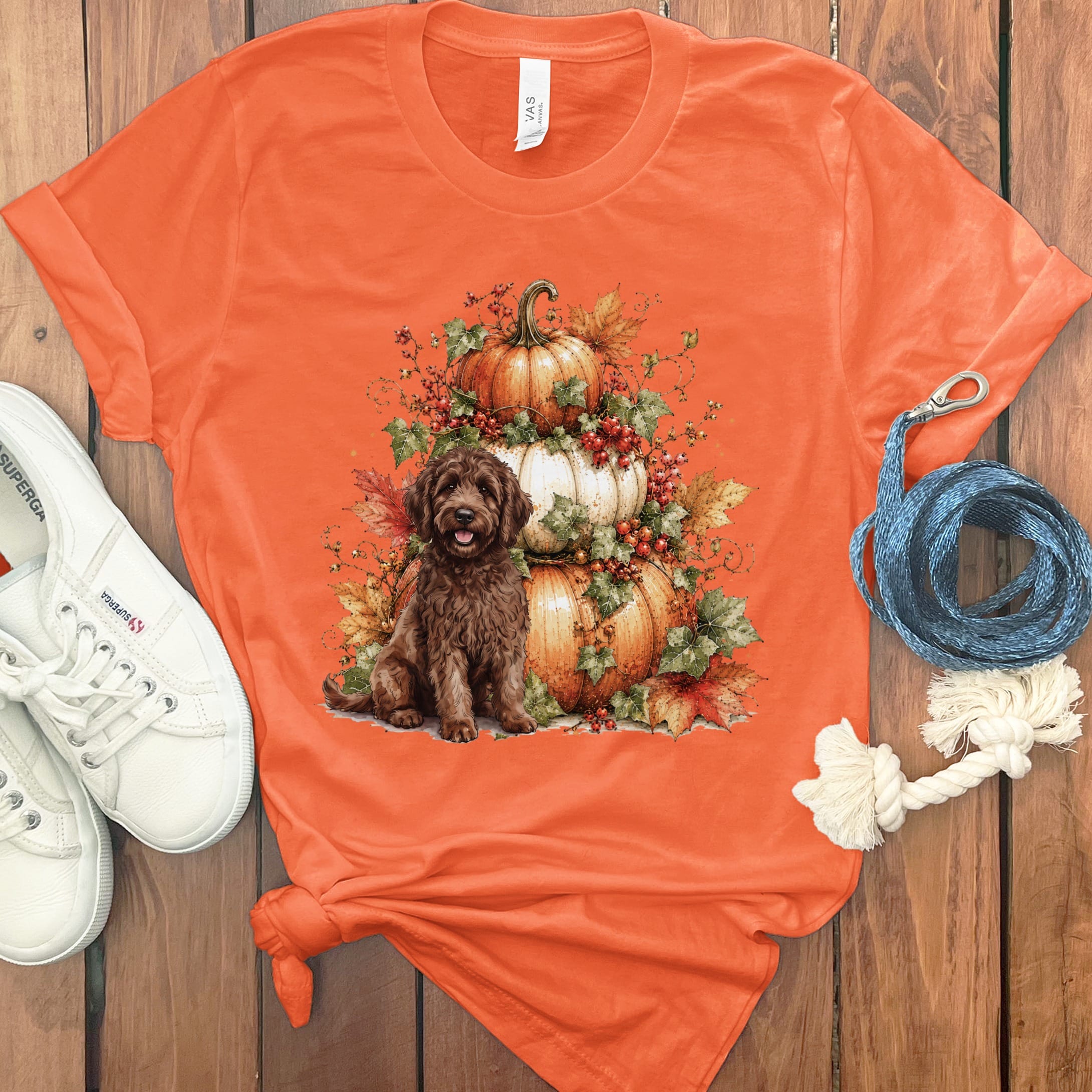 Chocolate Goldendoodle Pumpkin Ivy T-Shirt in Orange / S by Puppy Jo