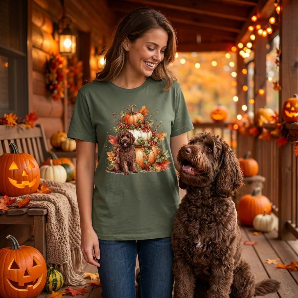 Chocolate Goldendoodle Pumpkin Ivy T-Shirt in by Puppy Jo
