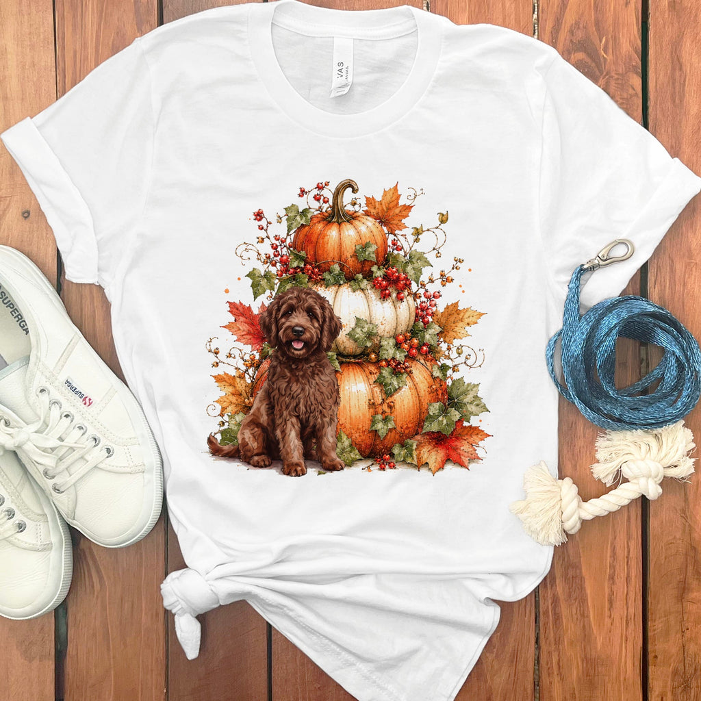 Chocolate Goldendoodle Pumpkin Ivy T-Shirt in White / S by Puppy Jo