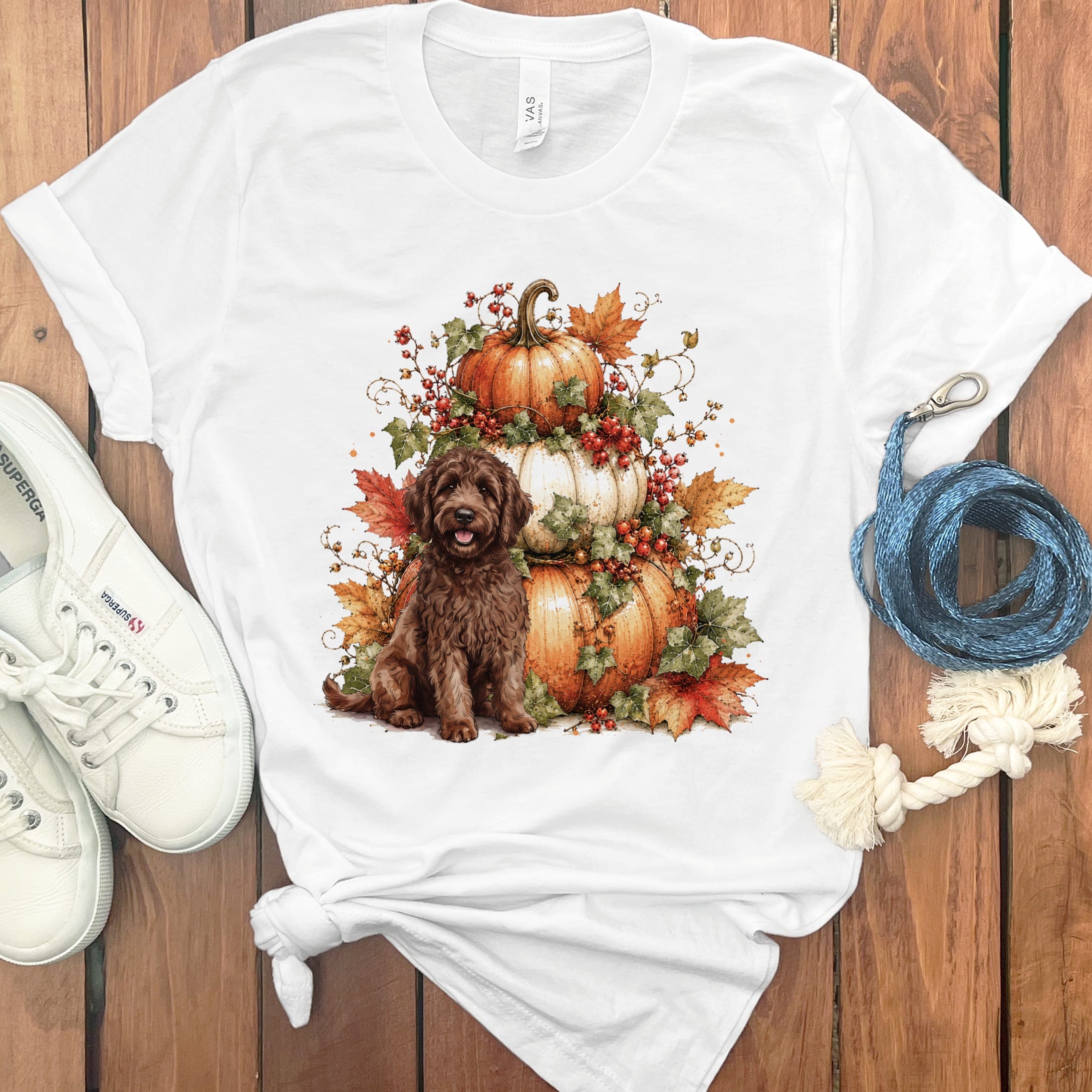 Chocolate Goldendoodle Pumpkin Ivy T-Shirt in White / S by Puppy Jo