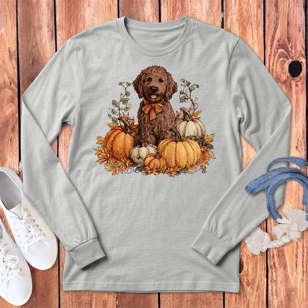 Chocolate Goldendoodle Pumpkin Time Long Sleeve T-Shirt in Athletic Heather / S by Puppy Jo