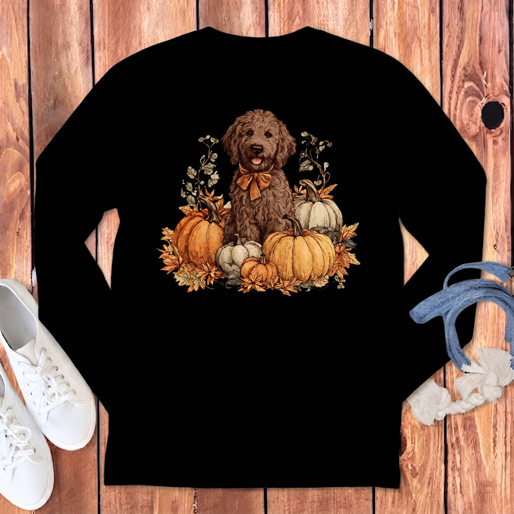 Chocolate Goldendoodle Pumpkin Time Long Sleeve T-Shirt in Black / S by Puppy Jo