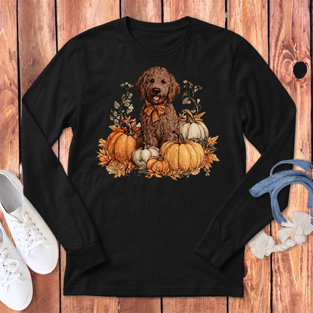Chocolate Goldendoodle Pumpkin Time Long Sleeve T-Shirt in Dark Grey Heather / S by Puppy Jo