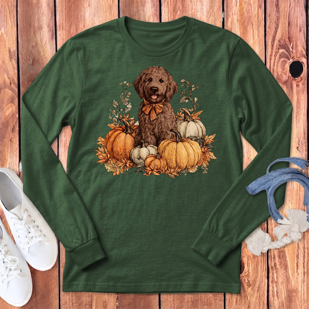 Chocolate Goldendoodle Pumpkin Time Long Sleeve T-Shirt in Heather Forest / S by Puppy Jo