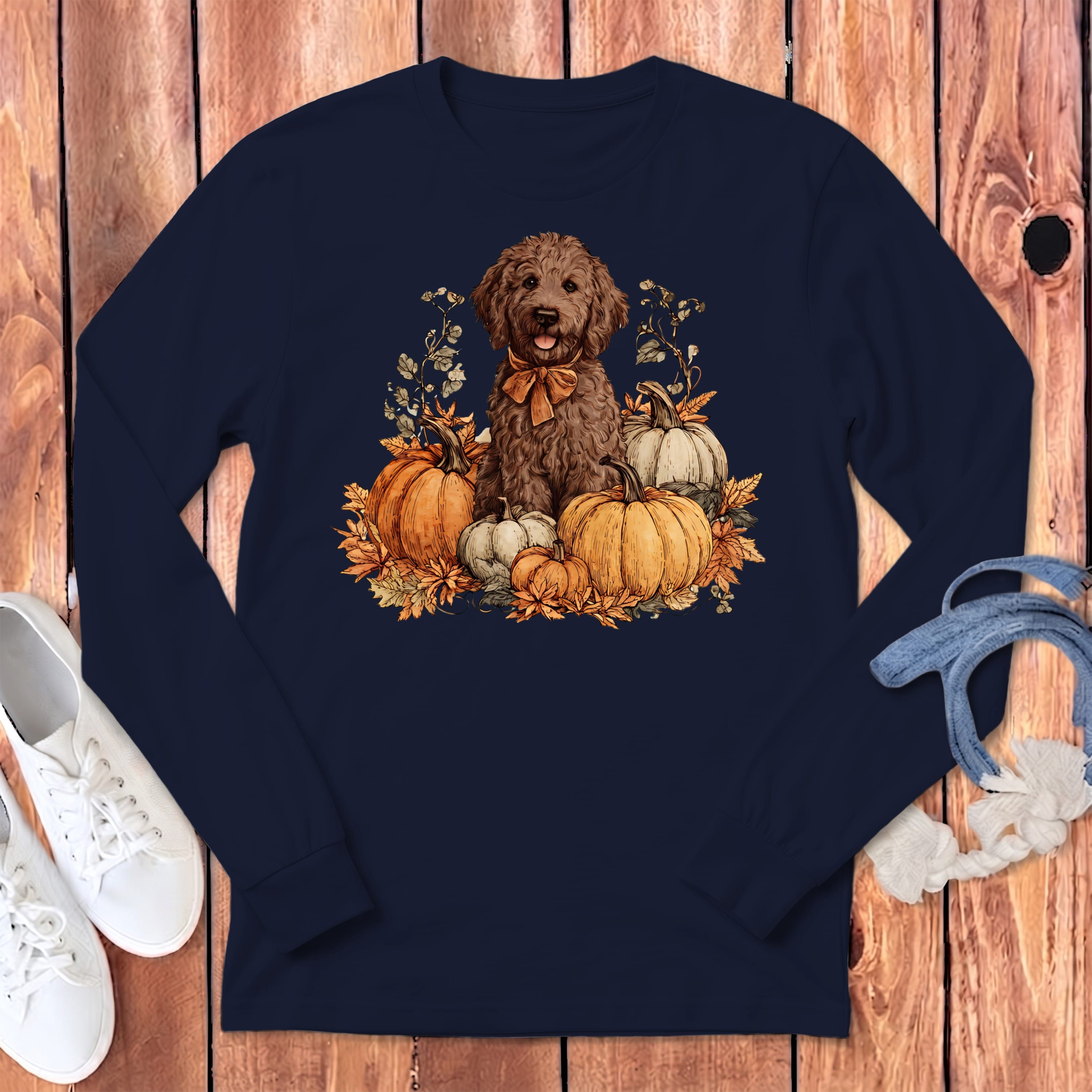 Chocolate Goldendoodle Pumpkin Time Long Sleeve T-Shirt in Navy / S by Puppy Jo