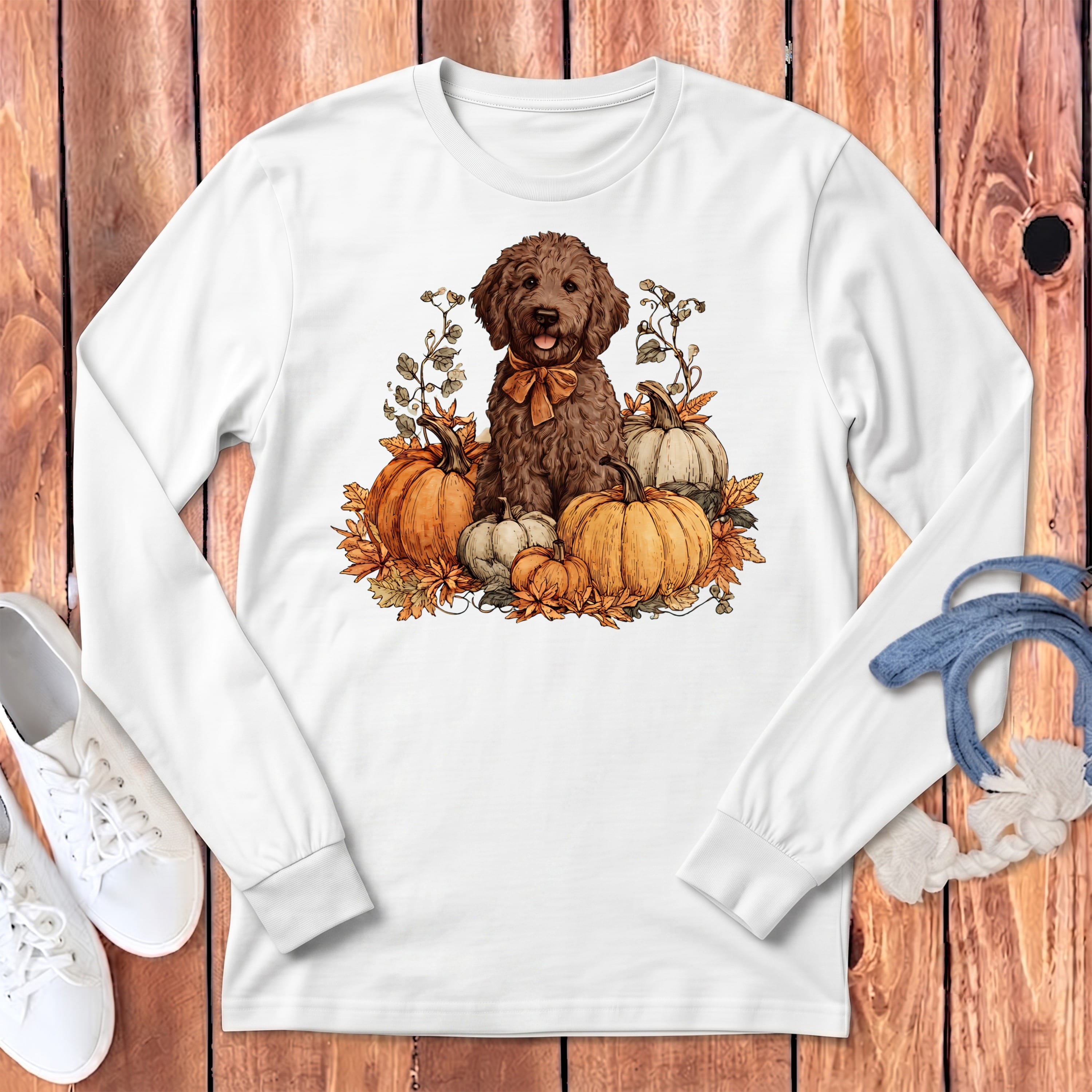 Chocolate Goldendoodle Pumpkin Time Long Sleeve T-Shirt in White / S by Puppy Jo