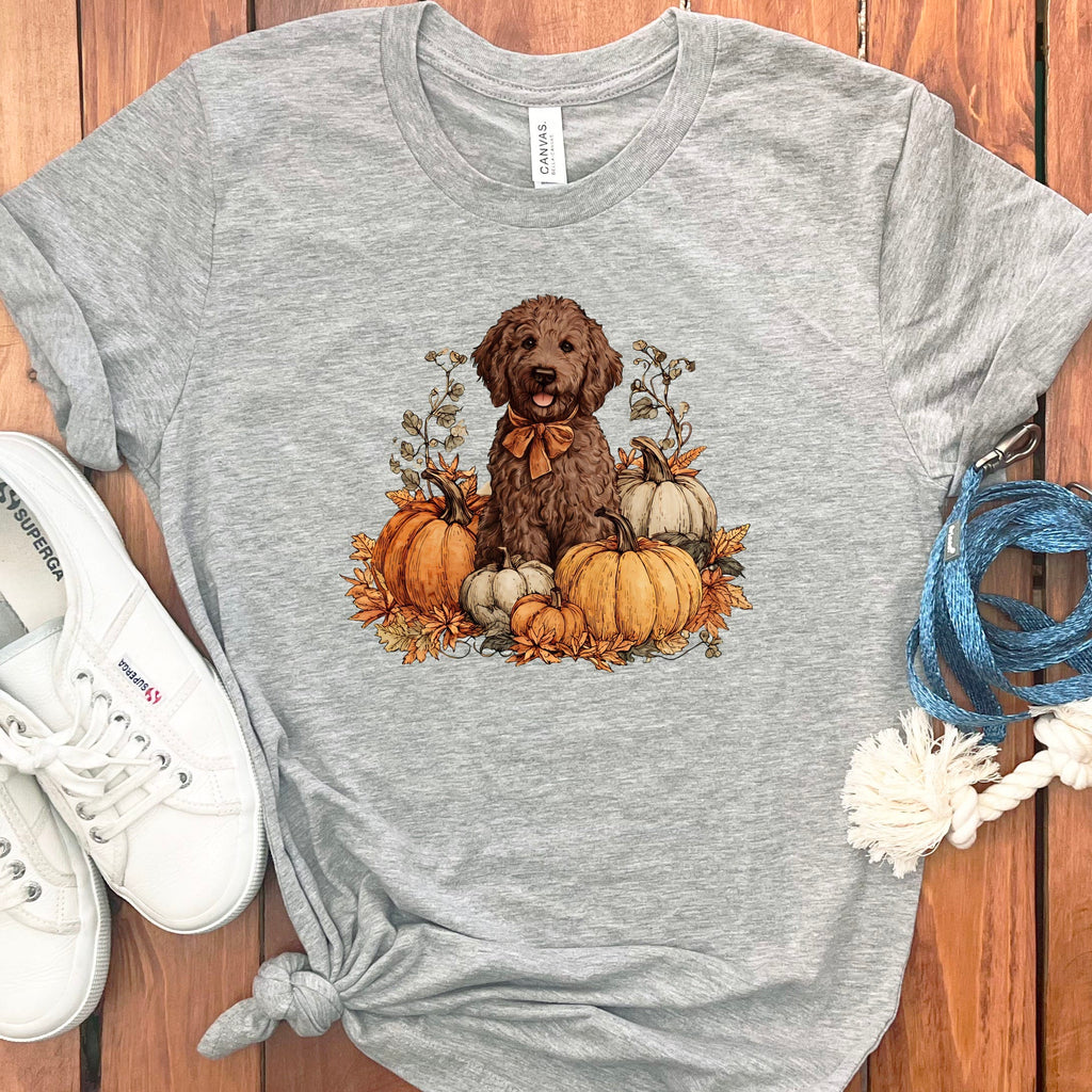 Chocolate Goldendoodle Pumpkin Time T-Shirt in Athletic Heather / S by Puppy Jo