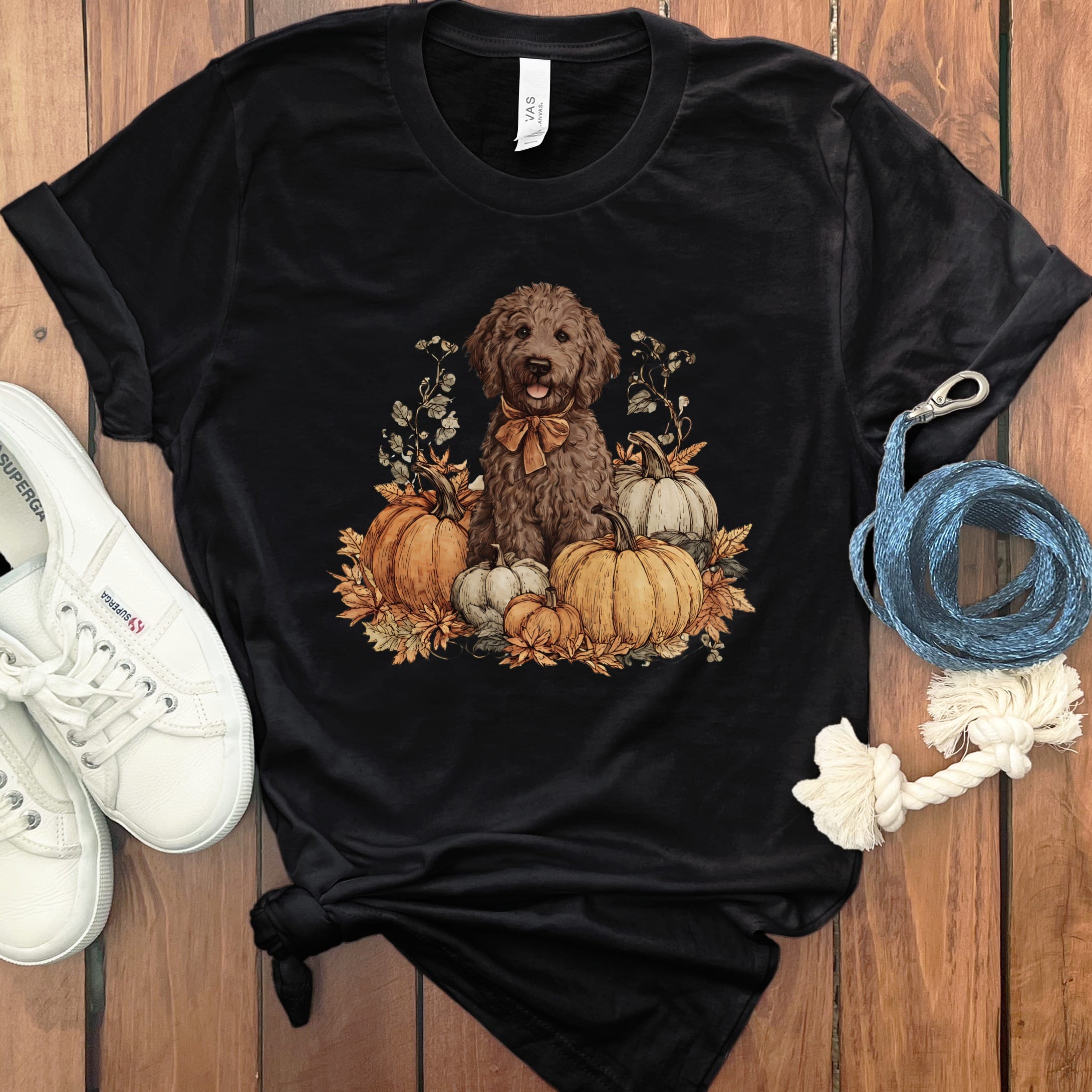 Chocolate Goldendoodle Pumpkin Time T-Shirt in Black / S by Puppy Jo