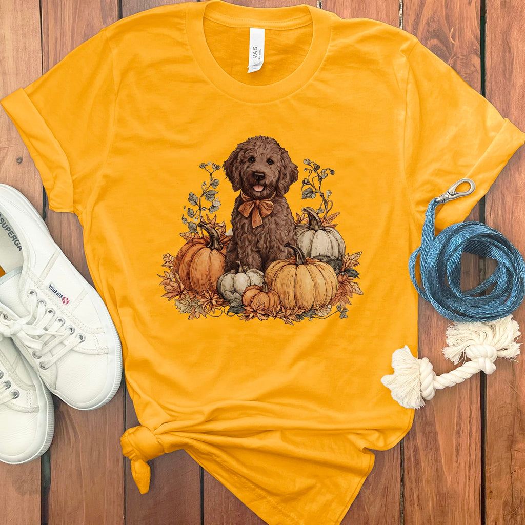 Chocolate Goldendoodle Pumpkin Time T-Shirt in Gold / S by Puppy Jo