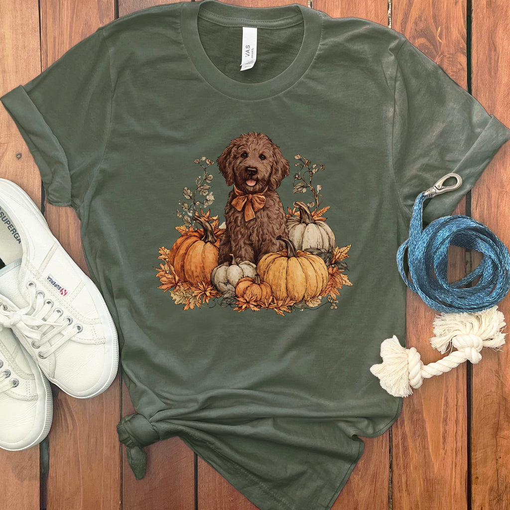 Chocolate Goldendoodle Pumpkin Time T-Shirt in Military Green / S by Puppy Jo