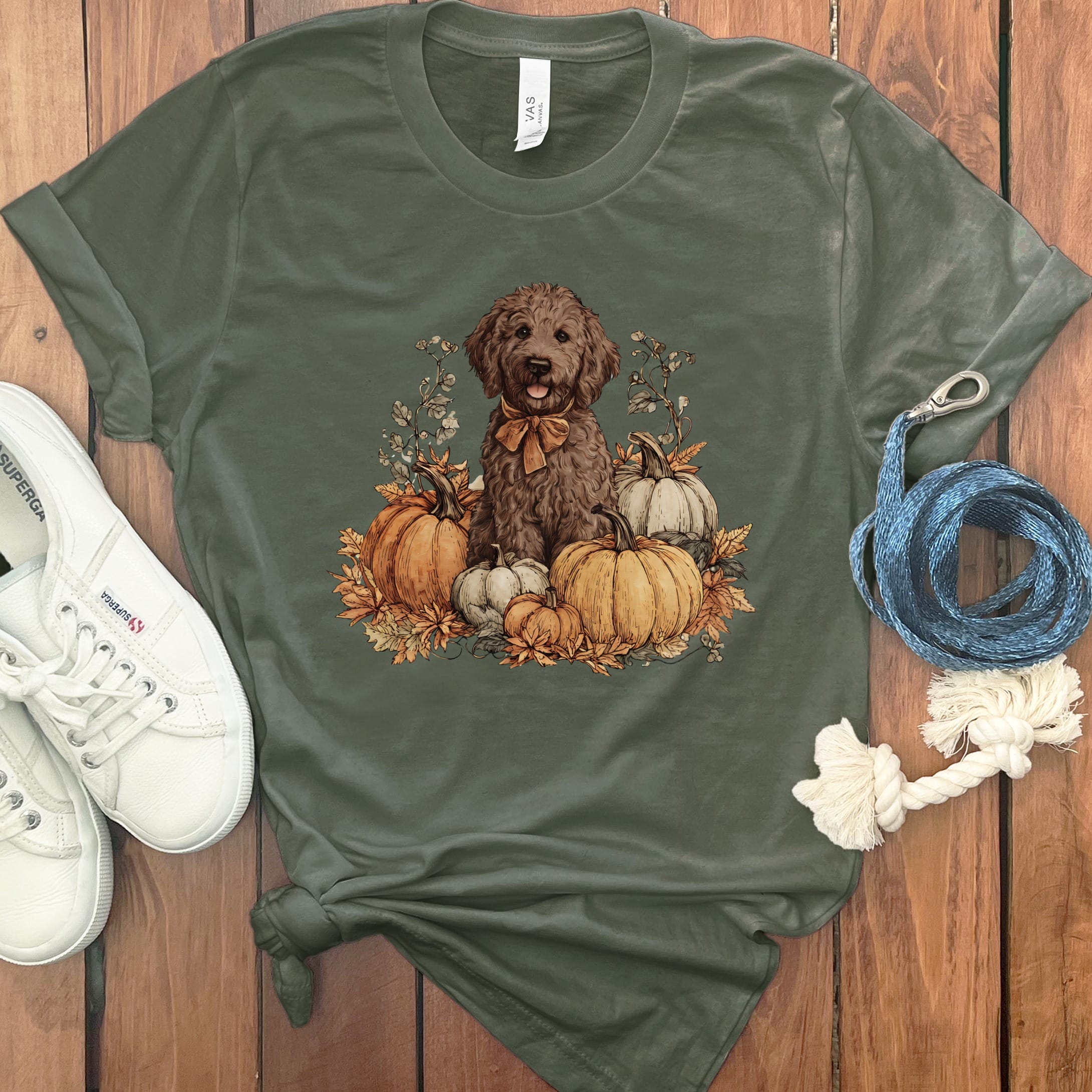 Chocolate Goldendoodle Pumpkin Time T-Shirt in Military Green / S by Puppy Jo