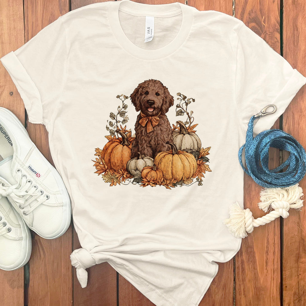 Chocolate Goldendoodle Pumpkin Time T-Shirt in Natural / S by Puppy Jo