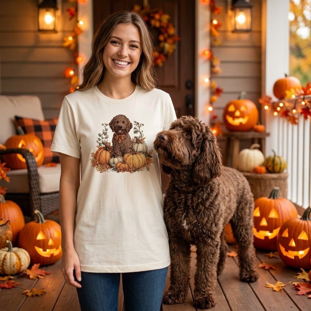 Chocolate Goldendoodle Pumpkin Time T-Shirt in by Puppy Jo