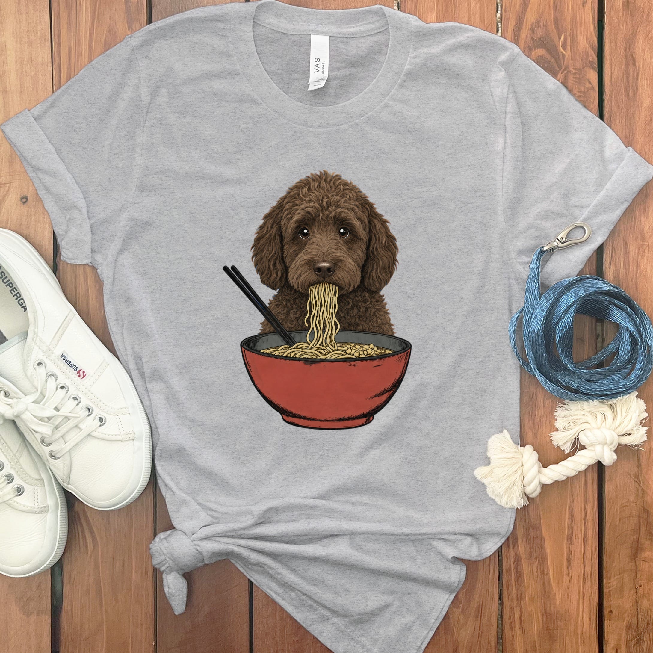 Chocolate Goldendoodle Ramen T-Shirt in Athletic Heather / S / - by Puppy Jo