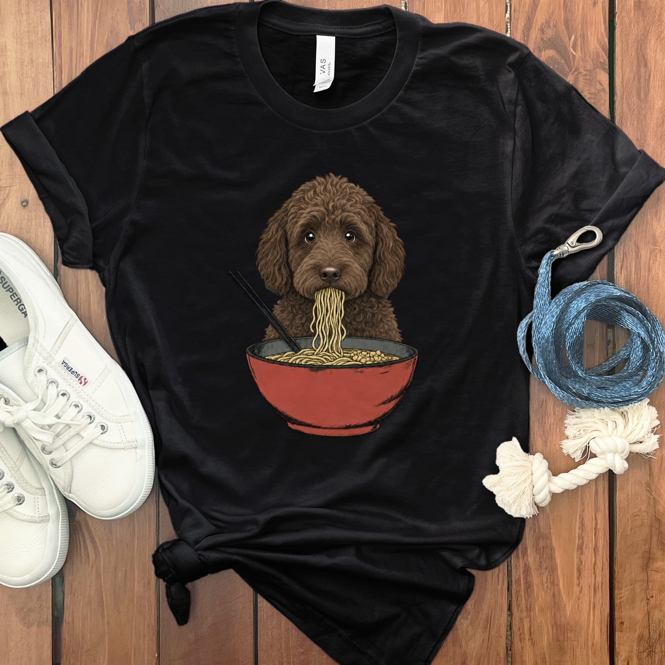 Chocolate Goldendoodle Ramen T-Shirt in Black / S / - by Puppy Jo