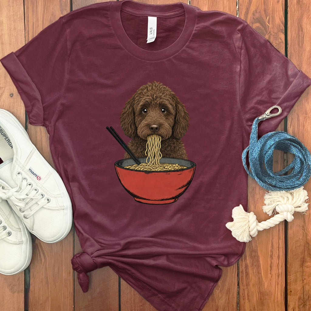 Chocolate Goldendoodle Ramen T-Shirt in Maroon / S / - by Puppy Jo