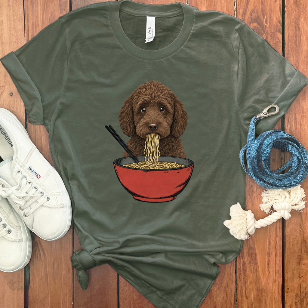 Chocolate Goldendoodle Ramen T-Shirt in Military Green / S / - by Puppy Jo