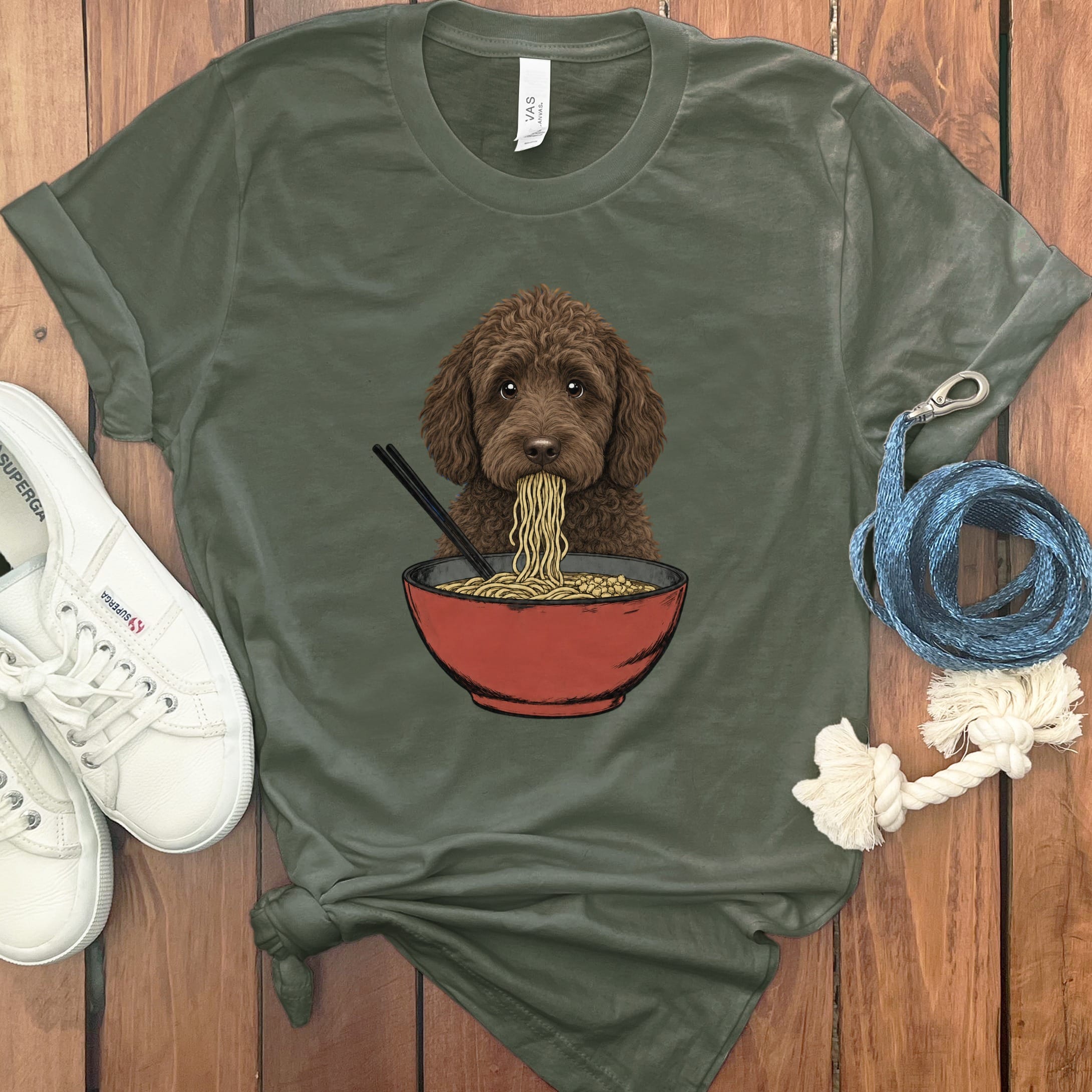 Chocolate Goldendoodle Ramen T-Shirt in Military Green / S / - by Puppy Jo