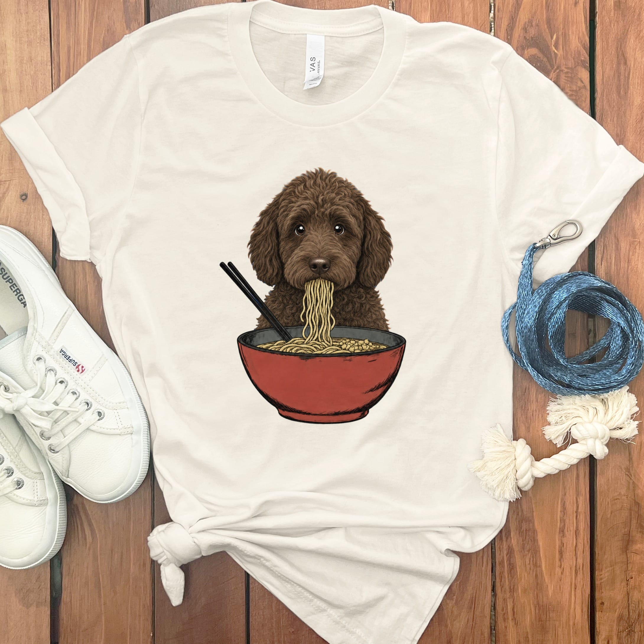 Chocolate Goldendoodle Ramen T-Shirt in Natural / S / - by Puppy Jo