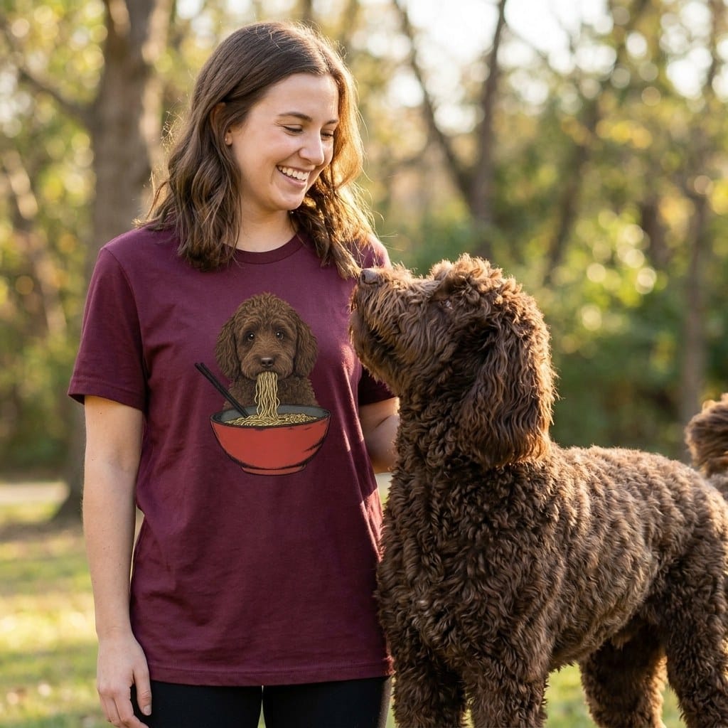 Chocolate Goldendoodle Ramen T-Shirt in by Puppy Jo