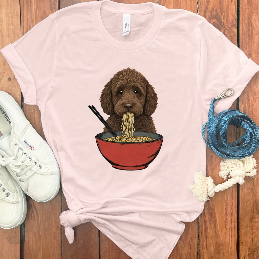 Chocolate Goldendoodle Ramen T-Shirt in Soft Pink / S / - by Puppy Jo