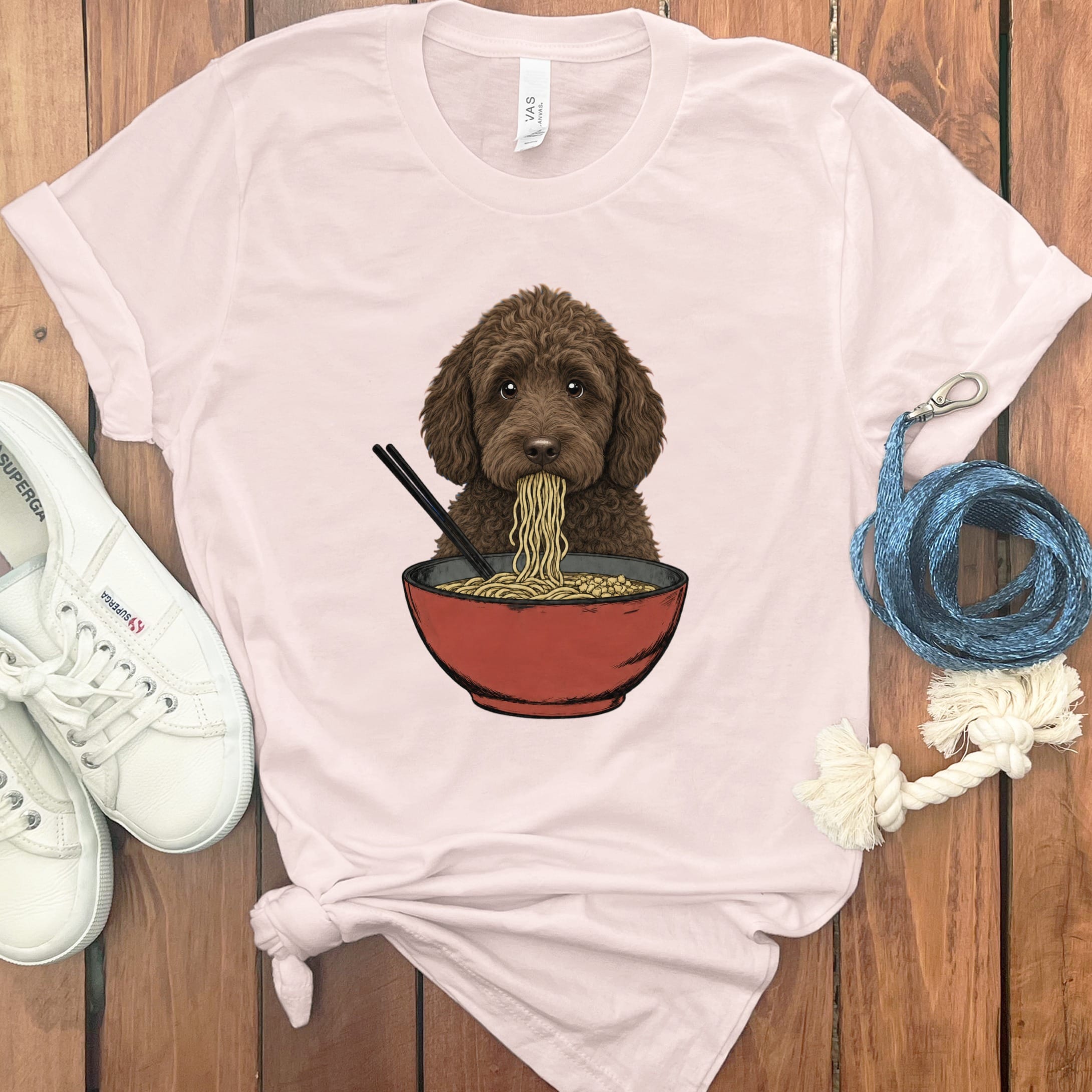 Chocolate Goldendoodle Ramen T-Shirt in Soft Pink / S / - by Puppy Jo