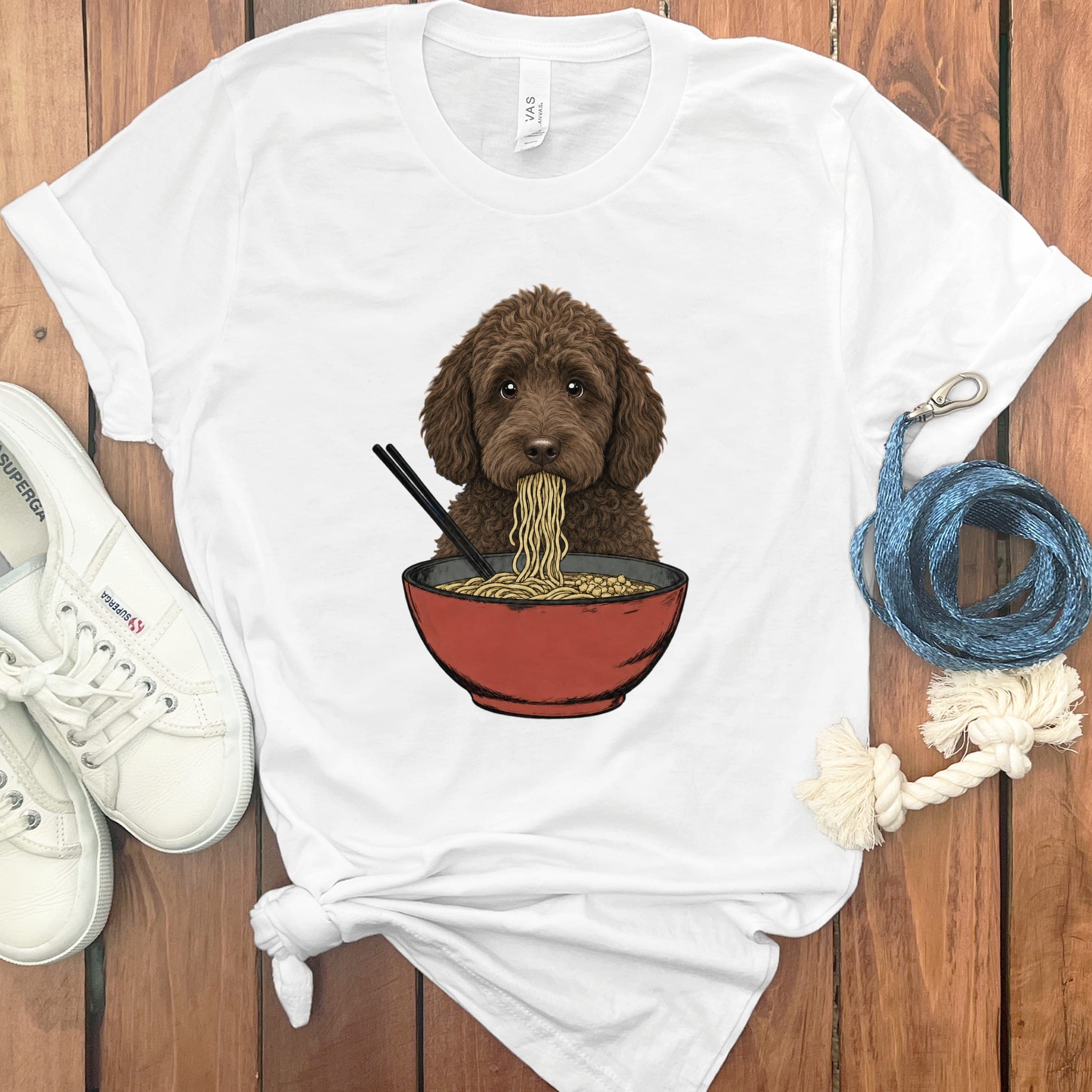 Chocolate Goldendoodle Ramen T-Shirt in White / S / - by Puppy Jo