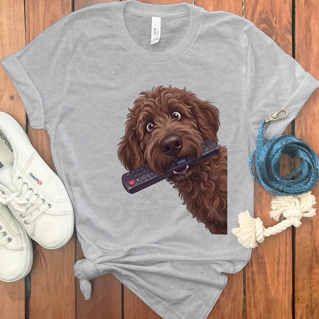 Chocolate Goldendoodle Remote T-Shirt in Athletic Heather / S by Puppy Jo