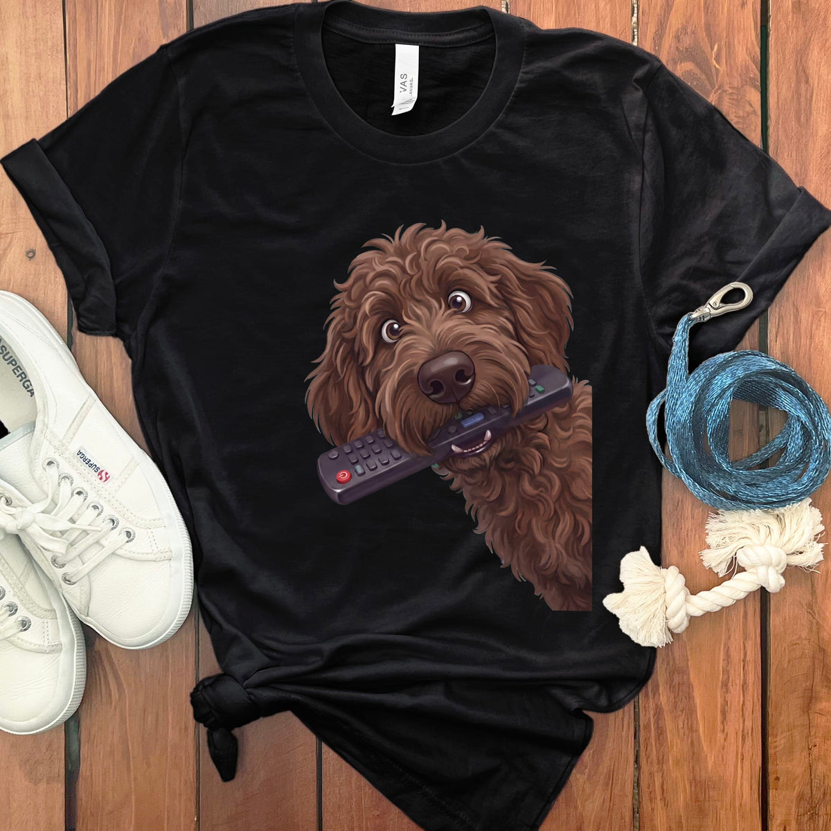 Chocolate Goldendoodle Remote T-Shirt in Black / S by Puppy Jo