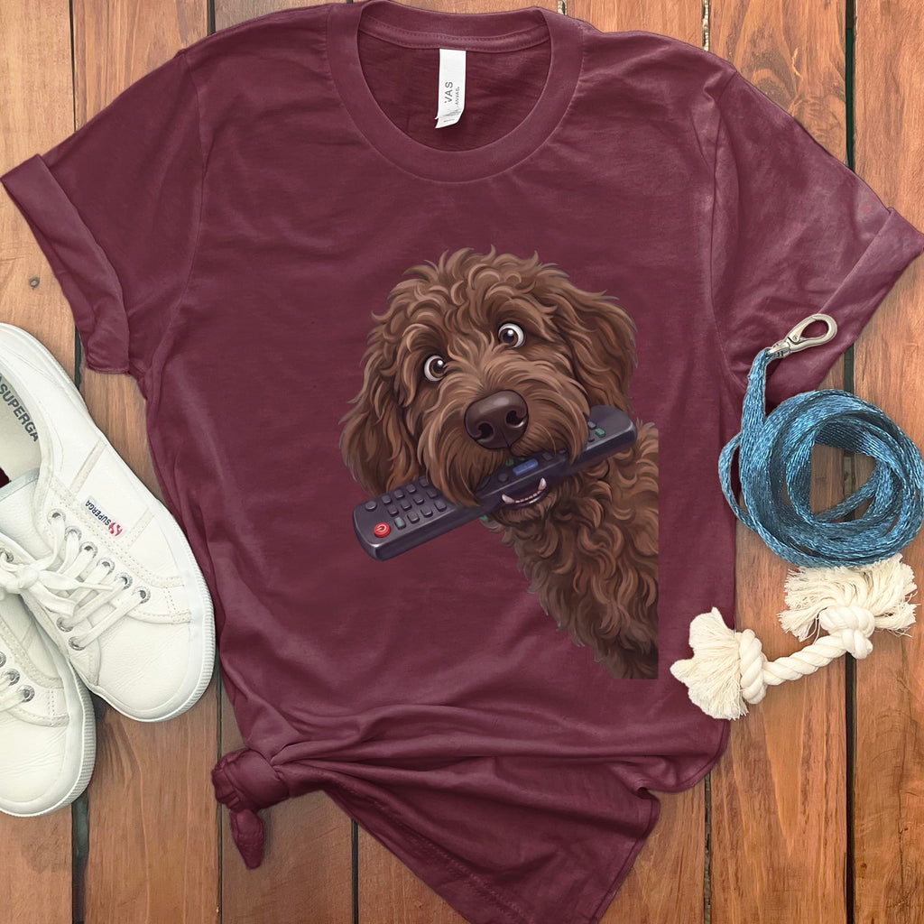 Chocolate Goldendoodle Remote T-Shirt in Maroon / S by Puppy Jo