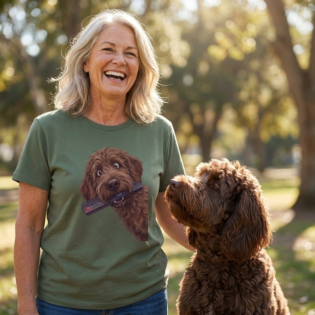 Chocolate Goldendoodle Remote T-Shirt in by Puppy Jo