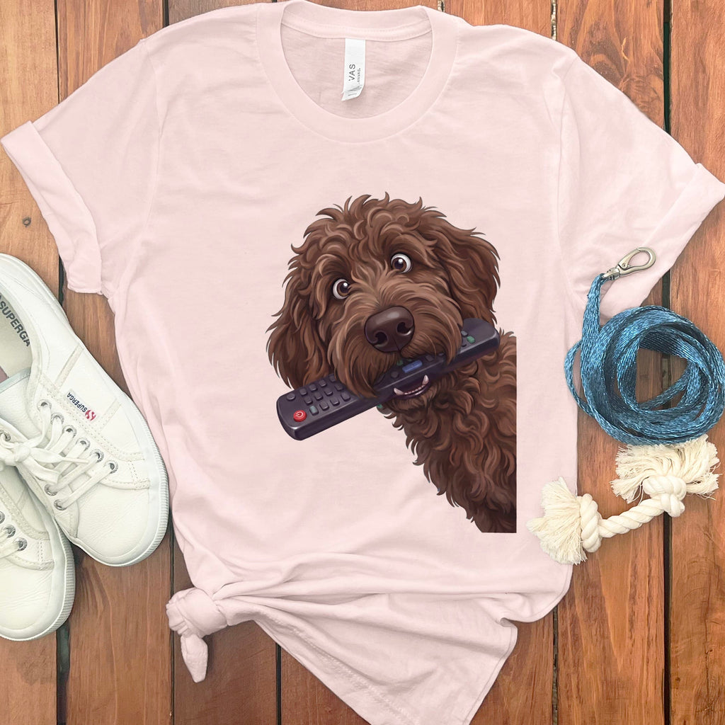 Chocolate Goldendoodle Remote T-Shirt in Soft Pink / S by Puppy Jo