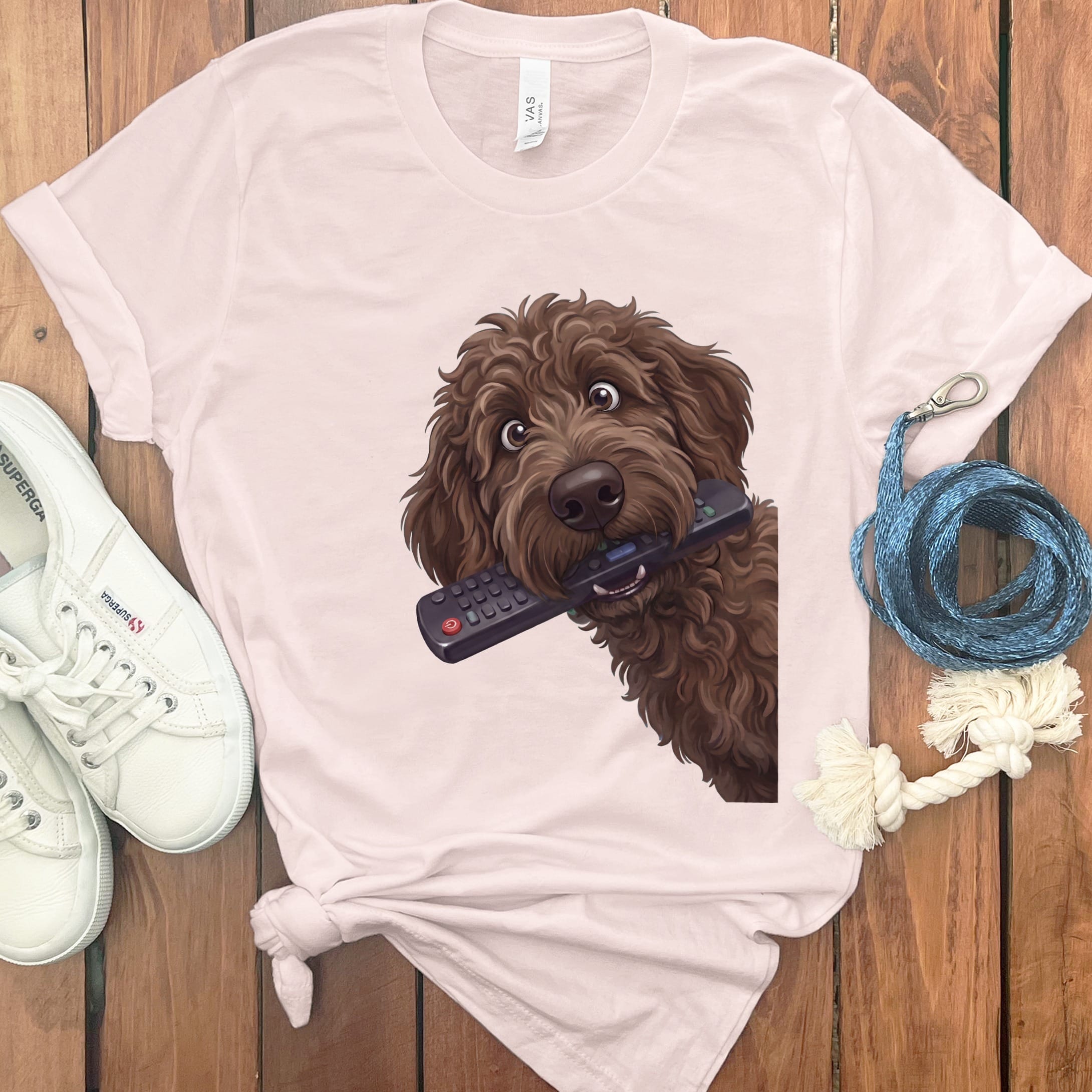 Chocolate Goldendoodle Remote T-Shirt in Soft Pink / S by Puppy Jo