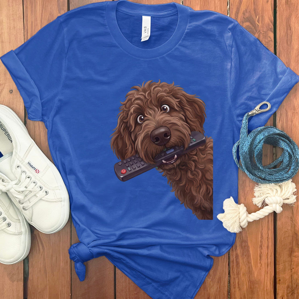 Chocolate Goldendoodle Remote T-Shirt in True Royal / S by Puppy Jo