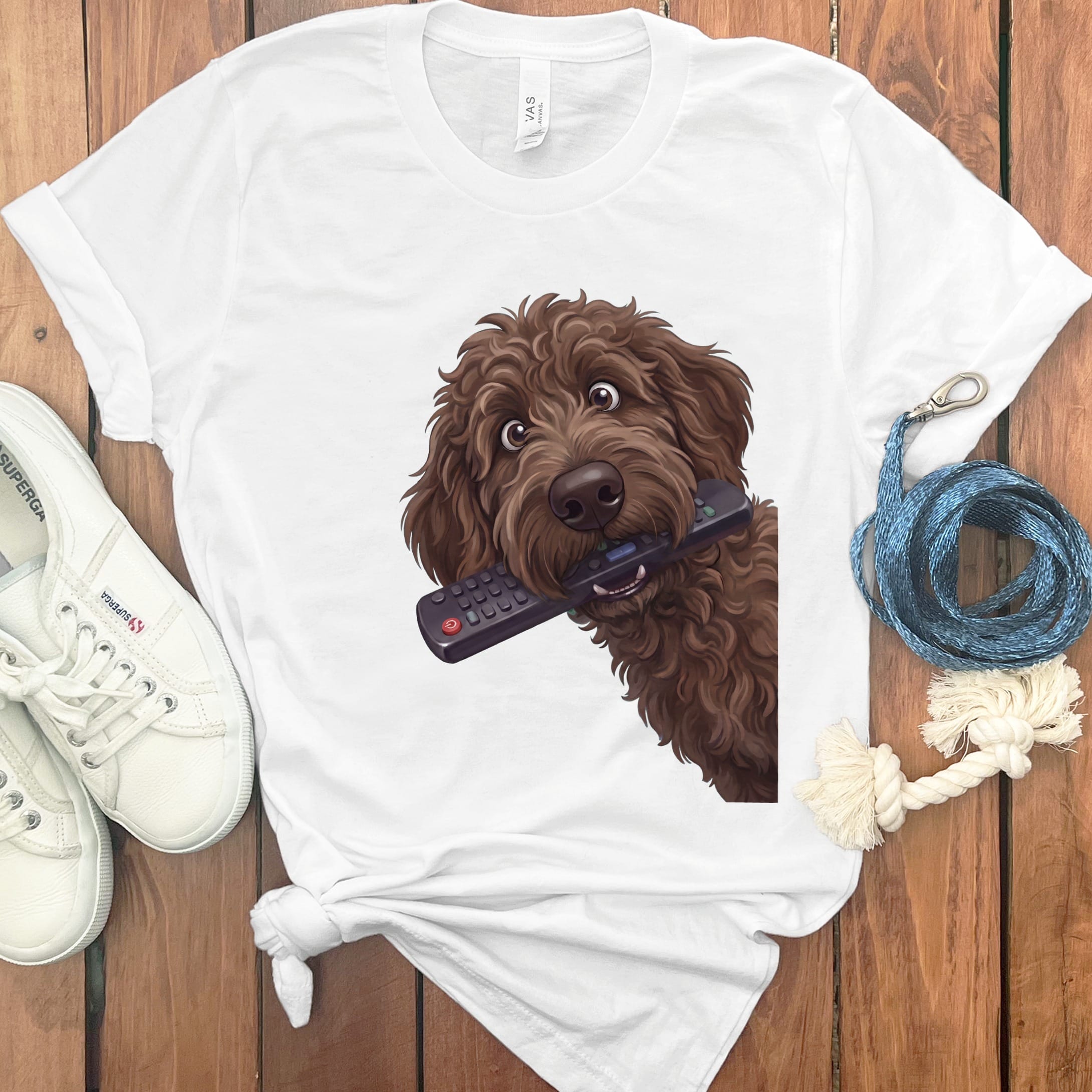Chocolate Goldendoodle Remote T-Shirt in White / S by Puppy Jo