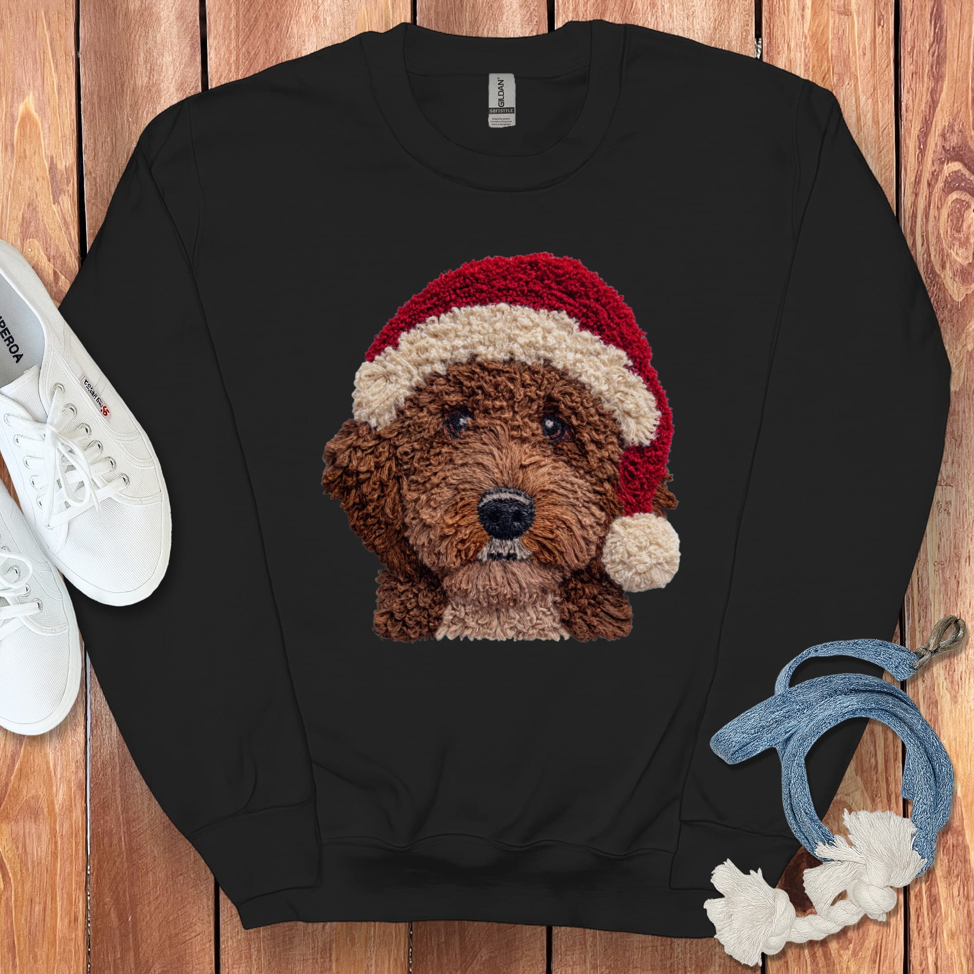 Chocolate Goldendoodle Santa Faux Yarn Sweatshirt in Black / S by Puppy Jo