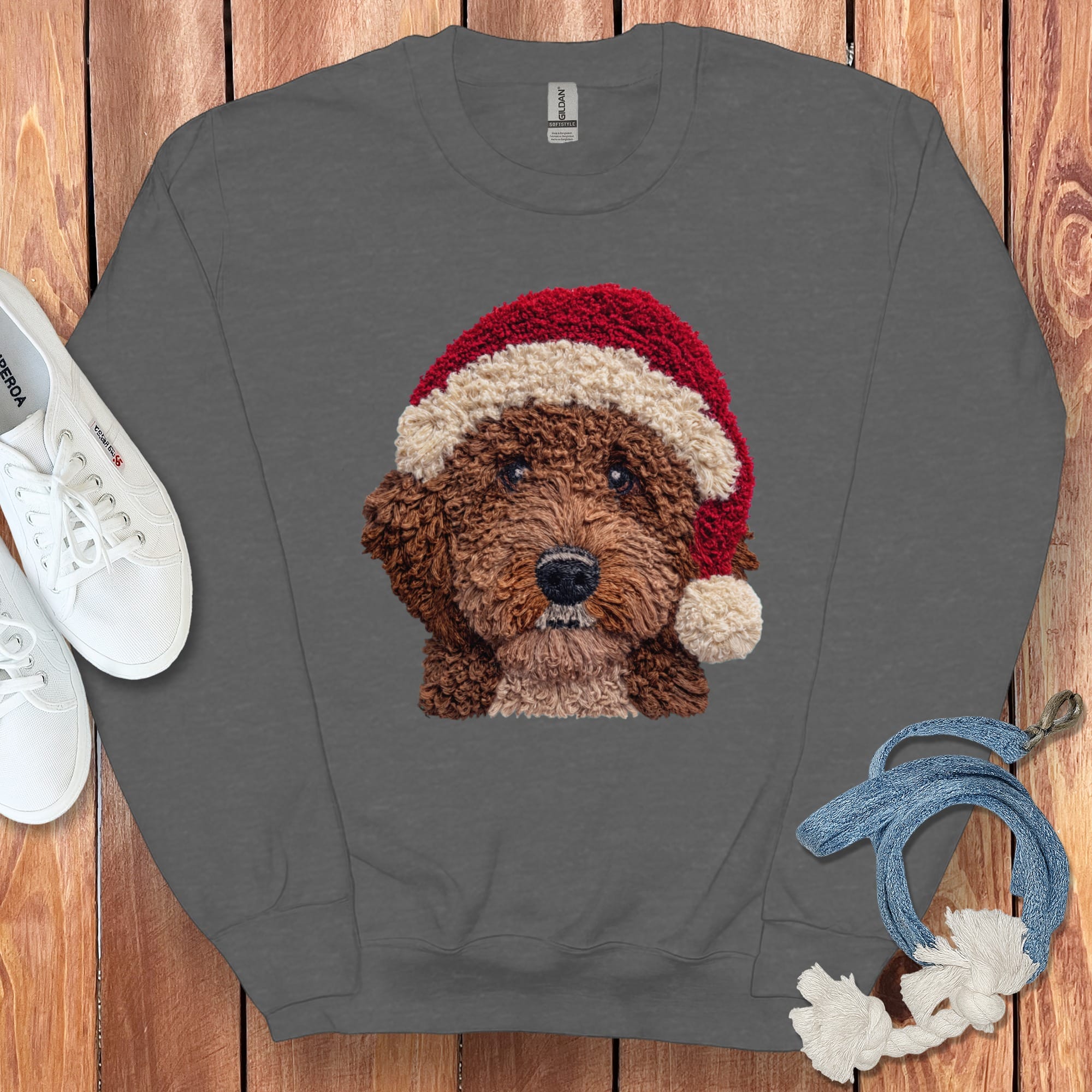 Chocolate Goldendoodle Santa Faux Yarn Sweatshirt in Dark Heather / S by Puppy Jo